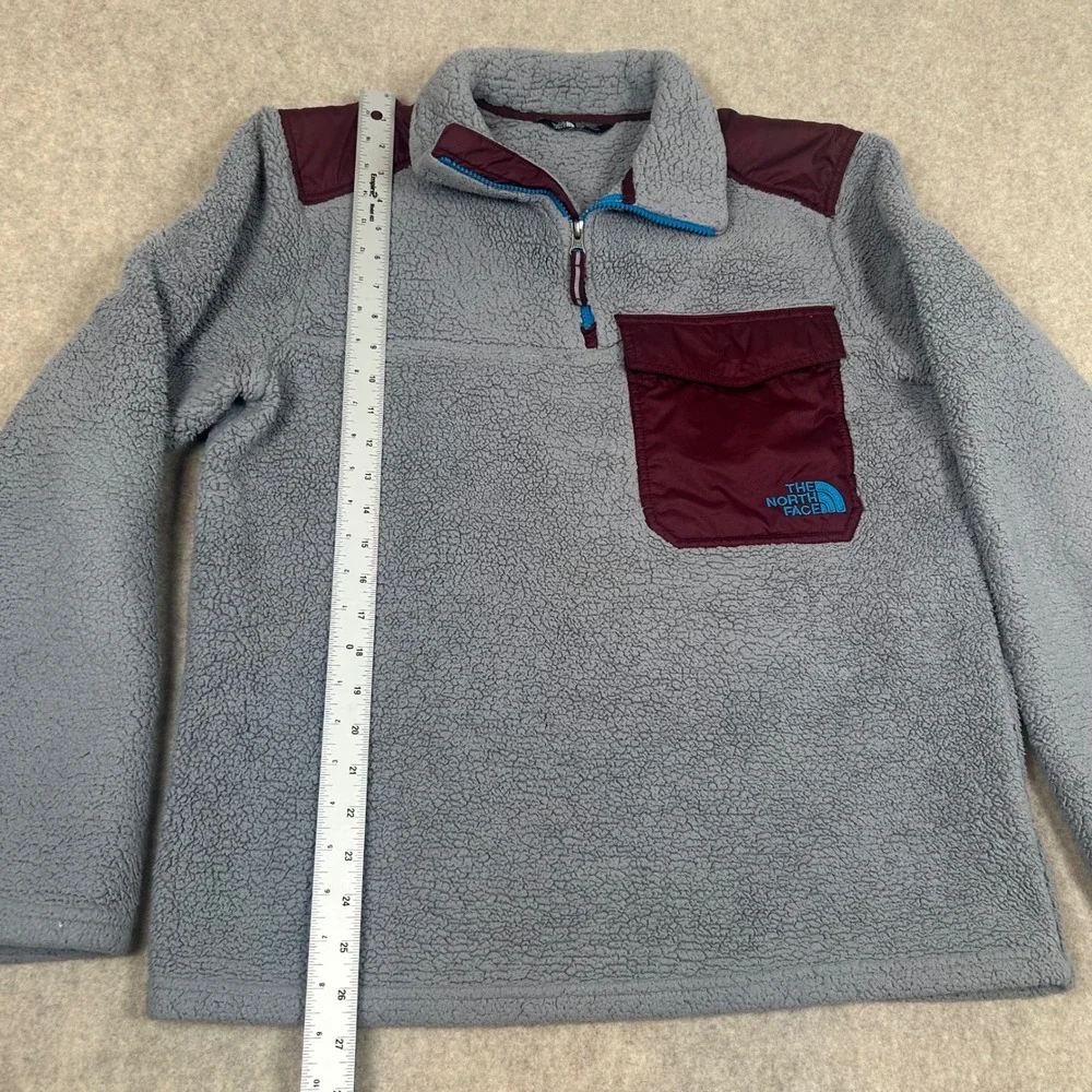 The North Face Dunraven Sherpa Fleece Mens Medium Grey Burgundy 1/4 Zip Pullover